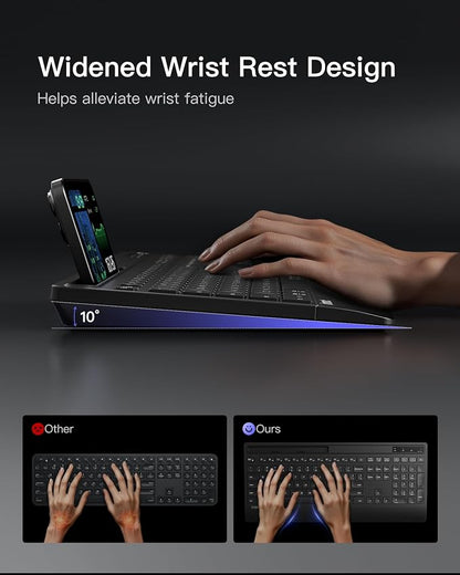 Inateck Wireless Keyboard and Mouse Combo, Full-Size Keyboard with Wrist Rest, Phone Holder, 2.4 GHz Wireless/Bluetooth Silent, Compatible with Computer, Laptop, PC, Mac, Windows