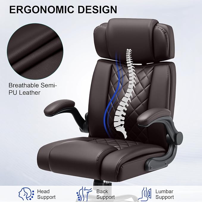 HOFFREE Executive Office Chair Ergonomic Computer Chair Comfy with Adjustable Lumbar Support and Headrest Swivel Rolling Office Chair with Flip-up Arms for Work,Study(Coffee)