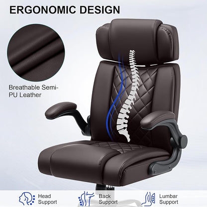 HOFFREE Executive Office Chair Ergonomic Computer Chair Comfy with Adjustable Lumbar Support and Headrest Swivel Rolling Office Chair with Flip-up Arms for Work,Study(Coffee)