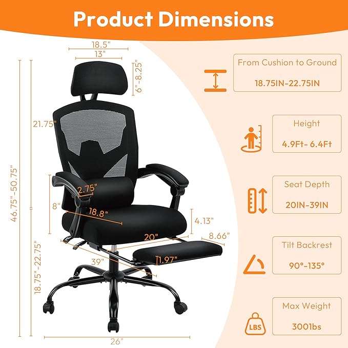 Desk Chair with Foot Rest, High-Back Mesh Office Chair with Wheels, Reclining Gaming Chair with Headrest and Adjustable Lumbar Support, 90°-130° Reclining, for Home Office and Gaming, Classic Black