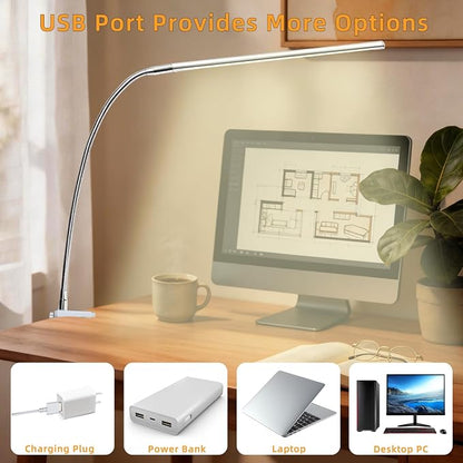 Space Aluminum LED Desk Lamp with Clamp, Clip on Light for Reading Study Desk Light 3 Modes 10 Brightness Flexible Gooseneck with USB Adapter Table Lamp for Home Office Computer Nail Work