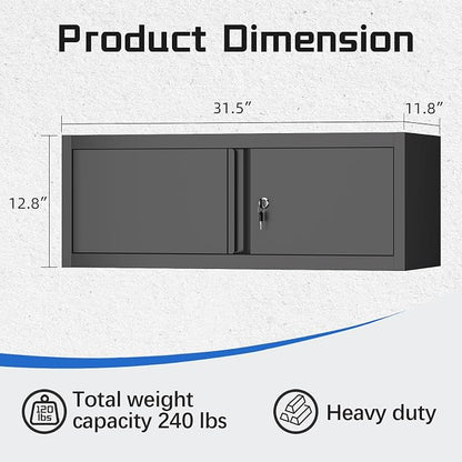 IRONFFICE Metal Garage Wall Cabinets,13" H Garage Storage Cabinet Wall Mounted,Floating Storage Organization with Doors,Locking Hanging Cabinet for RV,Home Office,Warehouse,Black