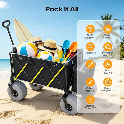 Premium 10.5" Balloon Wheels Beach Wagon - 450LBS Heavy Duty Sand Wagon, Foldable All Terrain Collapsible Utility Wagon with Removable Cooler Bag, Easy Roll for Soft Sand Family Camping-Black