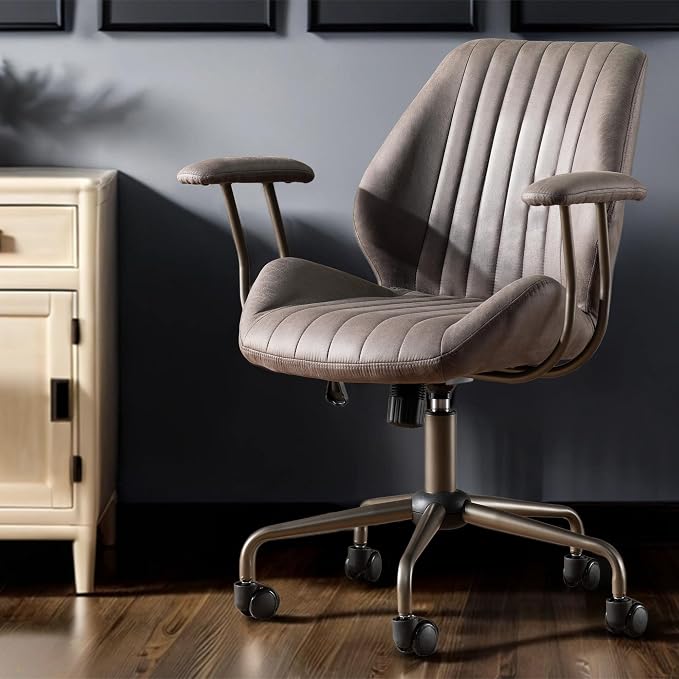 Mid Back Home Office Chair, Mid Century Modern Executive Chair, Comfy Ergonomic Rolling Office Desk Chair with Lumbar Support, Faux Leather Office Chair, Dark Gray