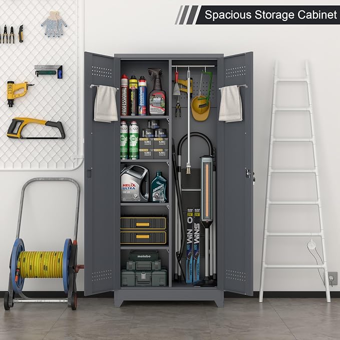 IRONFFICE Lockable Storage Cabinet,Metal Garage Storage Cabinets with Doors,Steel Utility Closet Cabinet with Adjustable Shelves,Locking Cabinet for Home,Garage,Gray