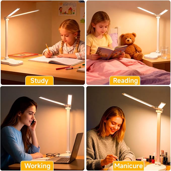 LED Desk Lamp with USB Charging Port, 5 Color Modes 10 Brightness, Dual Swing Arm Dimmable Desk Lamps for Home Office Nail Dorm (White)