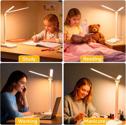 LED Desk Lamp with USB Charging Port, 5 Color Modes 10 Brightness, Dual Swing Arm Dimmable Desk Lamps for Home Office Nail Dorm (White)