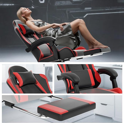 Athena Collection Ergonomic Gaming Chair with Footrest & Headrest Lumbar Support, Height Adjustable Swivel Office Chair Reclining Game Chair Leather High Back Computer Chair for Adults, Red