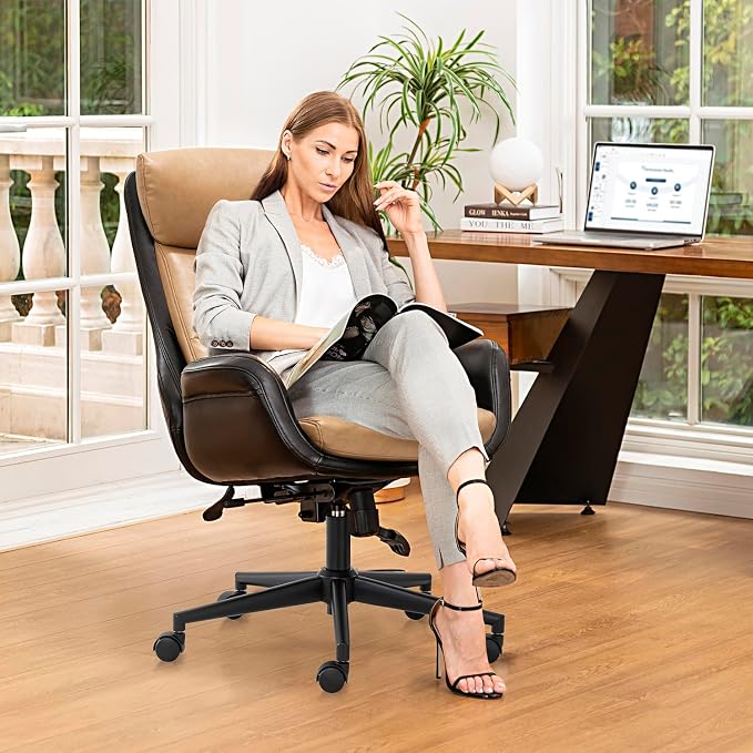 Glitzhome High Back Office Chair,Modern Ergonomic Swivel Office Chair,Adjustable Home Office Desk Chair with Lumbar Support,Black & Camel