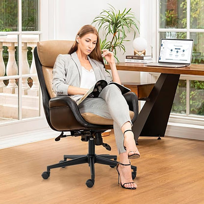 Glitzhome High Back Office Chair,Modern Ergonomic Swivel Office Chair,Adjustable Home Office Desk Chair with Lumbar Support,Black & Camel