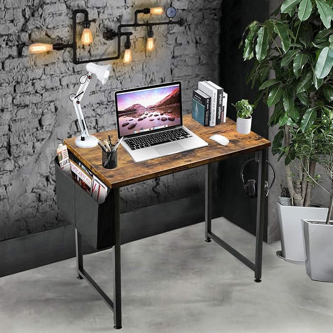 Lufeiya Small Computer Desk Study Table for Small Spaces Home Office 31 Inch Rustic Student Laptop PC Writing Desks with Storage Bag Headphone Hook,Brown