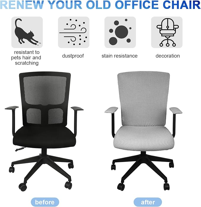 Tatuo 3 Pcs Computer Office Chair Cover Universal Rotating Chair Slipcovers Protector Removable Washable Office Armrest Covers with Zipper for High Back Seat Backrest(L,Waffle,Gray)
