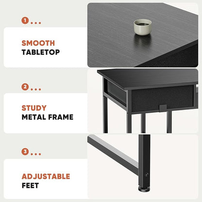 DUMOS 48" Small Computer Home Office Desk for Bedroom with Drawers, Gaming Writing Study Table with Storage Shelf, Adjustable Feet, Compact Desk for Gaming and Home Office Use, Metal Frame Black