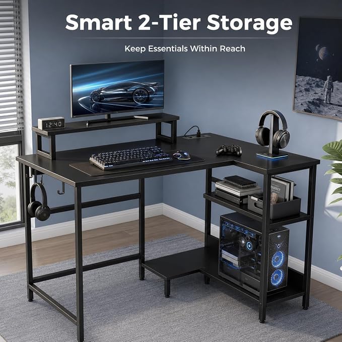 DEVAISE Compact 43" L Shaped Gaming Desk with LED Lights and Power Outlets - Corner Computer Table with Monitor Stand and Storage Shelves for Work and Gaming, Black