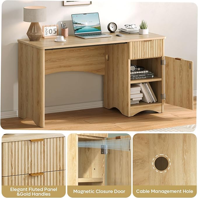 Bestier 47 inch Fluted Computer Desk with Drawer, Office Desk with File Cabinet, Modern Wood Desk with Storage Cabinet for Home Office Bedroom Study, Natural Oak