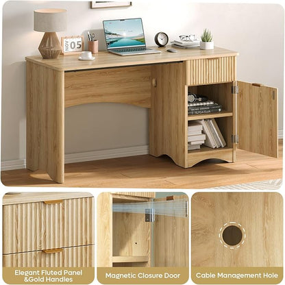 Bestier 47 inch Fluted Computer Desk with Drawer, Office Desk with File Cabinet, Modern Wood Desk with Storage Cabinet for Home Office Bedroom Study, Natural Oak