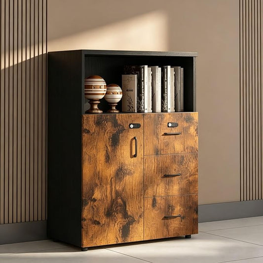File Cabinet with Password Lock, Wood Lateral Filing Cabinet for Letter/A4 Files, 3 Drawer with Door, Printer Stand with Open Shelves for Home Office