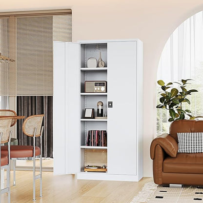 Fesbos Metal Storage Cabinet-71” Tall Steel File Cabinets with Lockable Doors and Adjustable Shelves-White Steel Storage Cabinet for Home,Kitchen, School, Office, Garage