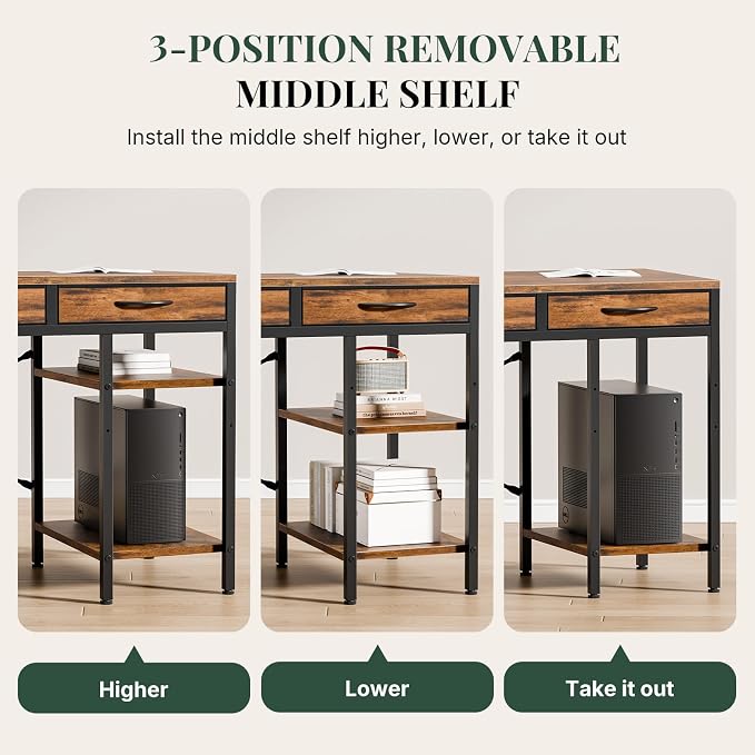 55" Computer Desk with 6 Drawers, Home Office Gaming Desks with Storage Shelves for Bedroom, Writing Study Corner Living Room Work Table Brown