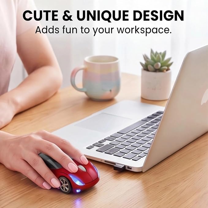 Red Wireless Car Mouse, 2.4G with USB Receiver, 1600DPI Optical, Cute Mini Computer Mouse, for Laptop, PC, Tablet, Windows, Mac OS