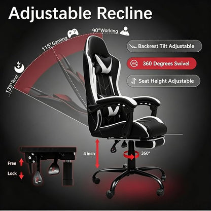 Gaming Chair, Ergonomic Computer Chair with Footrest and Lumbar Support, Height Adjustable Video Game Chair with 360° Swivel Seat and Headrest for Office, Home, Streaming and Gaming (White)
