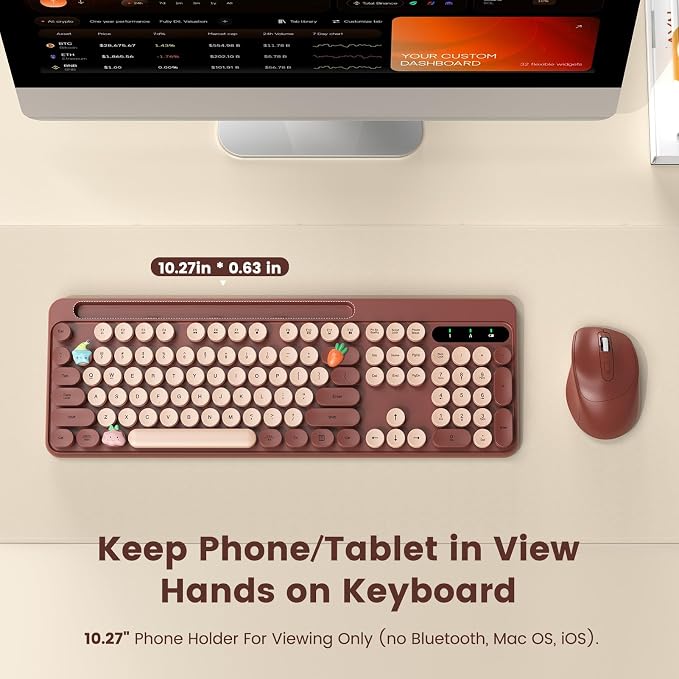 Wireless Keyboard and Mouse Combo, Retro Round Keycaps, Full-Size Stylish Typewriter Keyboard with Phone/Tablet Holder, Ergonomic Mouse with 3-Level DPI, 2.4GHz Connection for Windows/PC (Burgundy)