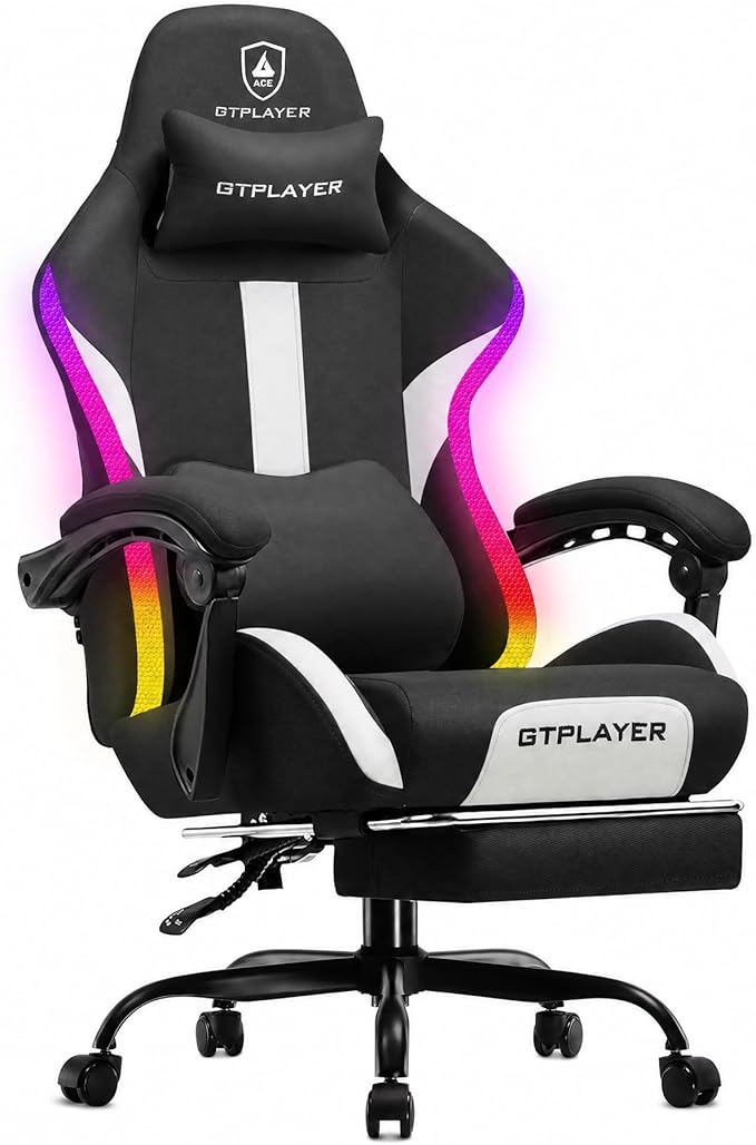 GTPLAYER RGB Gaming Chair with Footrest, LED Lights, Ergonomic Computer Chair with Linkage Armrest, Breathable Fabric for Home Office Desk - Video Game Chairs for Adults, Warm Red