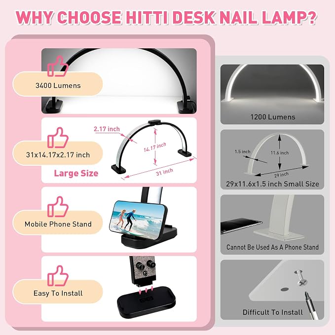 HITTI 31in Large Half Moon Light for Nail Desk, Foldable, Phone Stand, LED Adjustable Brightness and Color, 48W, Arch Nail Tech Table Lamp for Manicure, Craft, Art, Jewelry Making (Crystal Diamond)