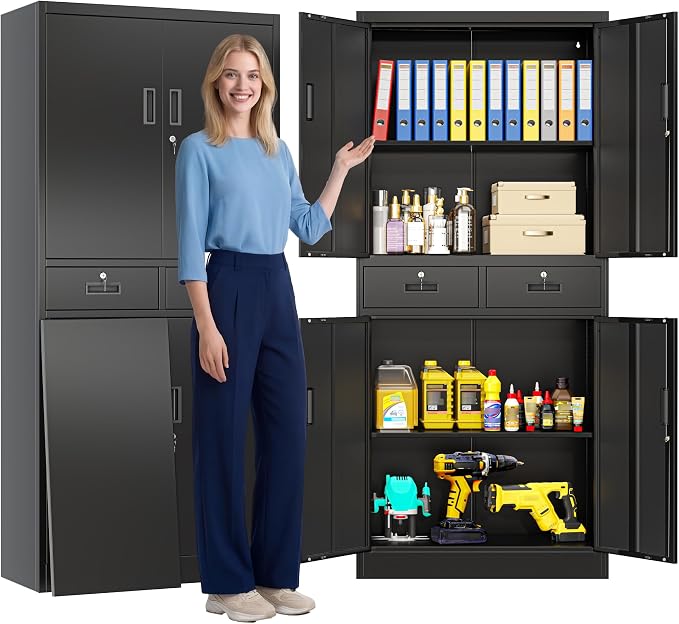 CJF Metal Storage Cabinet, 71" H Metal Cabinets with Adjustable Shelves and Drawers, Locking Storage Cabinet for Pantry, Office, Garage, Home, School, Utility (Black)