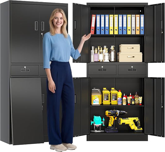 CJF Metal Storage Cabinet, 71" H Metal Cabinets with Adjustable Shelves and Drawers, Locking Storage Cabinet for Pantry, Office, Garage, Home, School, Utility (Black)