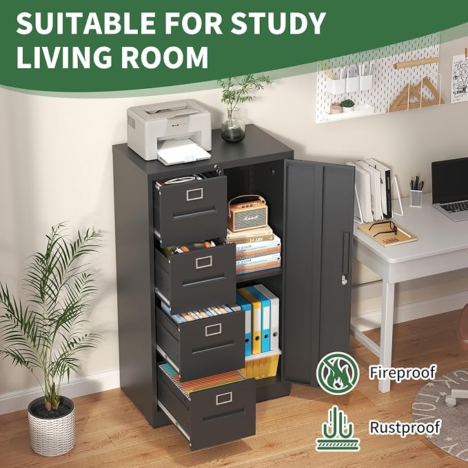 File Cabinet 4 Drawer, Vertical File Cabinet with Lock and 1 Door, File Cabinet with Storage Shelves for A4 Legal/Letter, Assembly Required (Black)