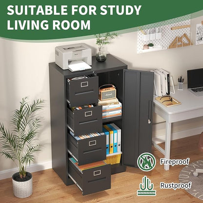 File Cabinet 4 Drawer, Vertical File Cabinet with Lock and 1 Door, File Cabinet with Storage Shelves for A4 Legal/Letter, Assembly Required (Black)