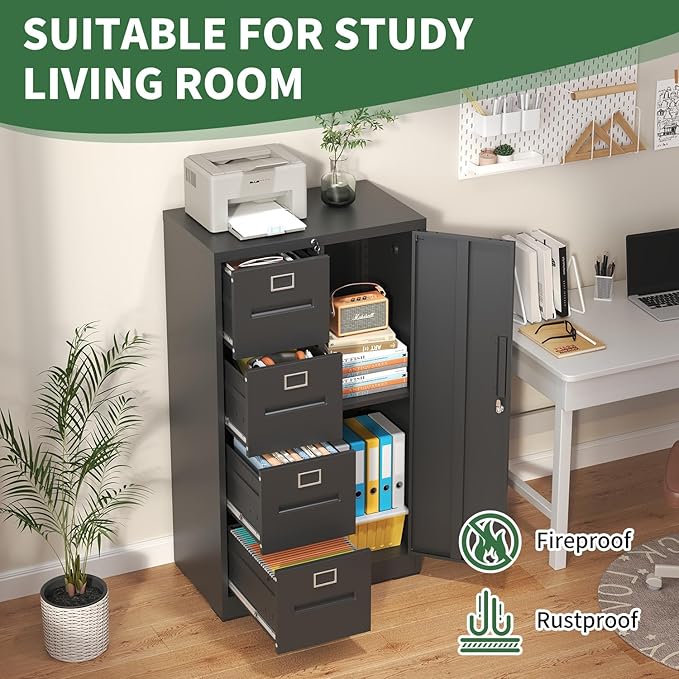 File Cabinet 4 Drawer, Vertical File Cabinet with Lock and 1 Door, File Cabinet with Storage Shelves for A4 Legal/Letter, Assembly Required (Black)