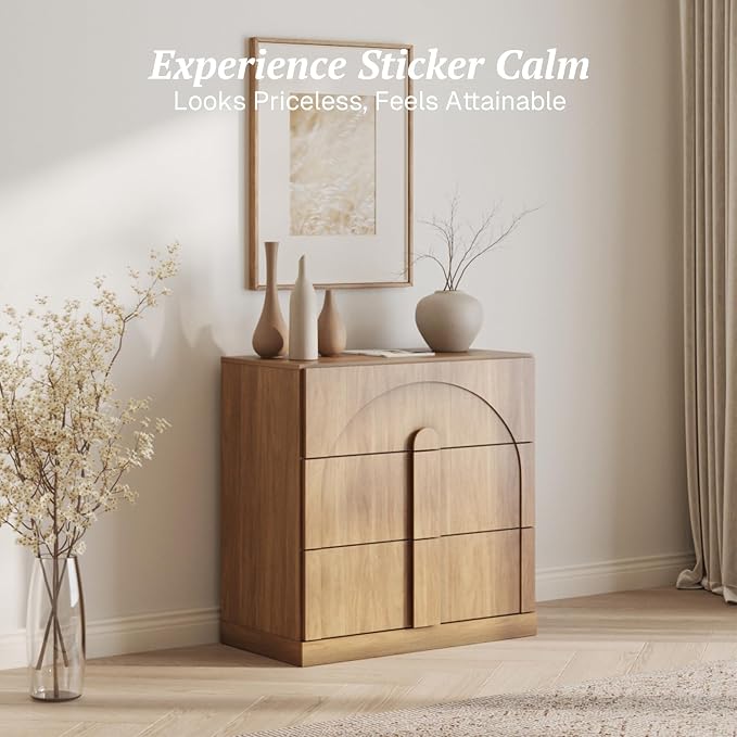 BELLEZE 31.5" Kitchen Storage Cabinet with 3 Drawers, Freestanding Accent Cabinet with Wood Handles & Arched Design, Modern Credenza for Living Room, Entryway - Camel