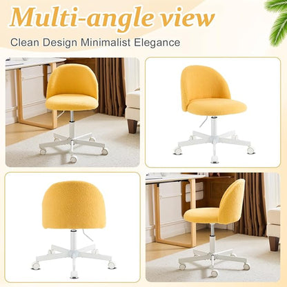 VINGLI Candy Chair Armless Cute Desk Chair,Comfy Small Office Chair with Wheels,Vanity Chair Lumbar Support,Teddy Adjustable Rolling Swivel Computer Task Chair for Home Office,Bedroom,Sunny Egg Yellow