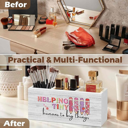 Teacher Pencil Pen Holder for Desk Organizer, Teacher Appreciation Gifts, Helping Tiny Humans to Big Things Wooden Box Decorations for Home Office Classroom Desk Tabletop Decor
