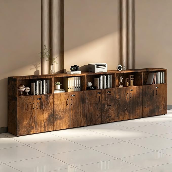 File Cabinet with Password Lock, Wood Lateral Filing Cabinet for Letter/A4 Files, 3 Drawer with Door, Printer Stand with Open Shelves for Home Office