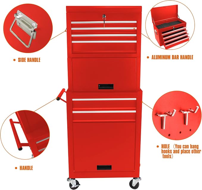 RYH 6 Drawers Rolling Tool Chest & Tool Box on Wheels | Heavy Duty Metal Cart with Ball Bearing Drawers | Fits US General Tool Box for Garage Storage (Red, 6 Drawers 3 in 1/51.99" H × 20.87" W)