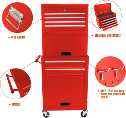 RYH 6 Drawers Rolling Tool Chest & Tool Box on Wheels | Heavy Duty Metal Cart with Ball Bearing Drawers | Fits US General Tool Box for Garage Storage (Red, 6 Drawers 3 in 1/51.99" H × 20.87" W)