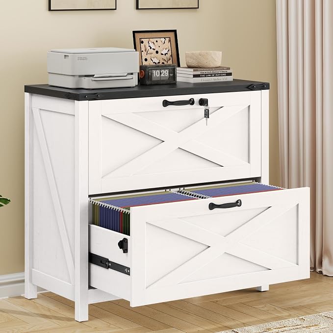Befrases Farmhouse File Cabinet, Lateral Filing Cabinet with 2 Drawers with Lock for Letter/A4 Size Hanging Files, Large Wooden Printer Stand File Storage Cabinet for Home Office, White and Black