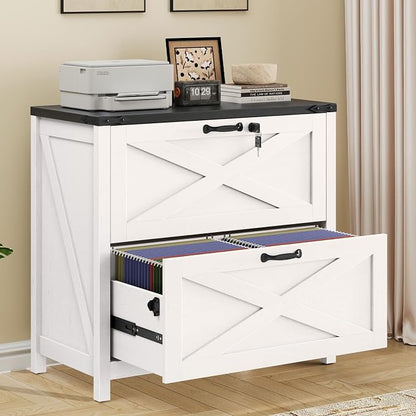 Befrases Farmhouse File Cabinet, Lateral Filing Cabinet with 2 Drawers with Lock for Letter/A4 Size Hanging Files, Large Wooden Printer Stand File Storage Cabinet for Home Office, White and Black