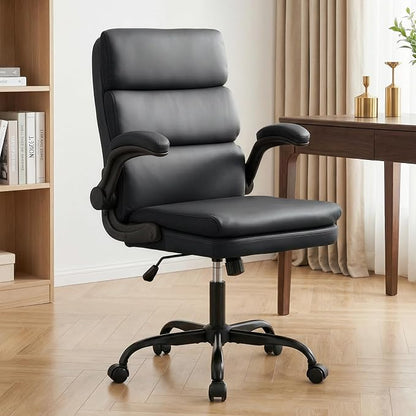 Mid Back Office Desk Chair,Leather Conference Room Chairs,Ergonomic Home Computer Chair,Modern Executive Chair with Padded Flip-up Armrest and Swivel Wheels (Black)