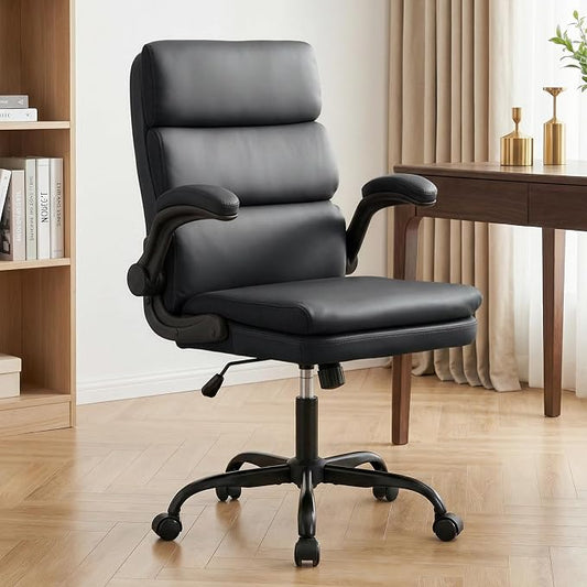 Mid Back Office Desk Chair,Leather Conference Room Chairs,Ergonomic Home Computer Chair,Modern Executive Chair with Padded Flip-up Armrest and Swivel Wheels (Black)