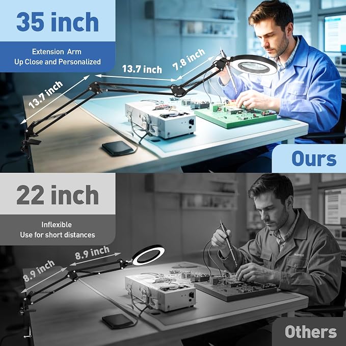 HITTI Ultra Long 12X Magnifying Glass with Light and Clamp, 5 Color Modes Stepless Dimming Desk Lamp, Swivel Arm Workbench Light, Hands Free Lighted Magnifier Stand for Craft Reading Soldering