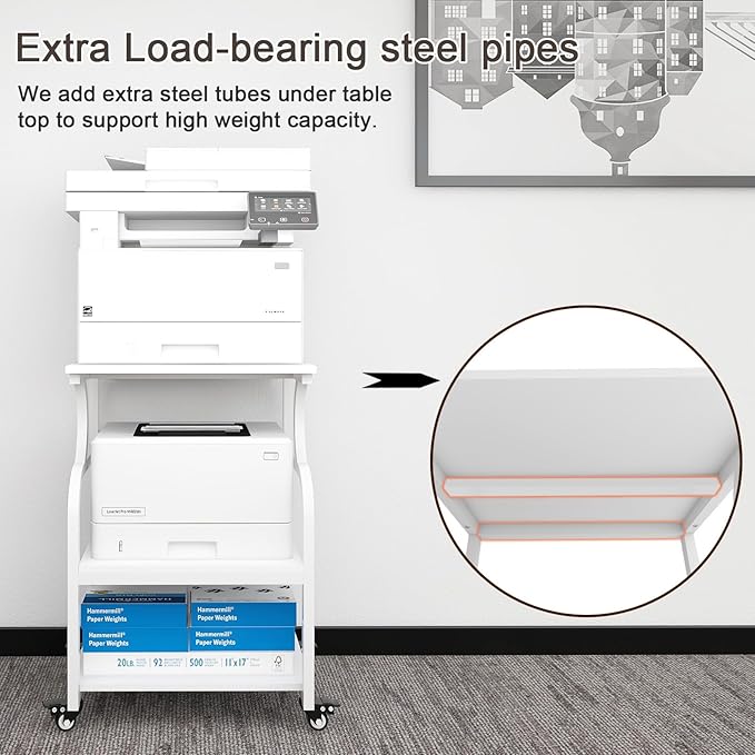 Natwind Large Printer Stand, 24''x20''x29'' Printer Table with Adjustable Storage Shelf, 3 Tier Rolling Cart with Wheels, Multifunctional Home Office Shelves for Heat Press, 3D Printer (White)