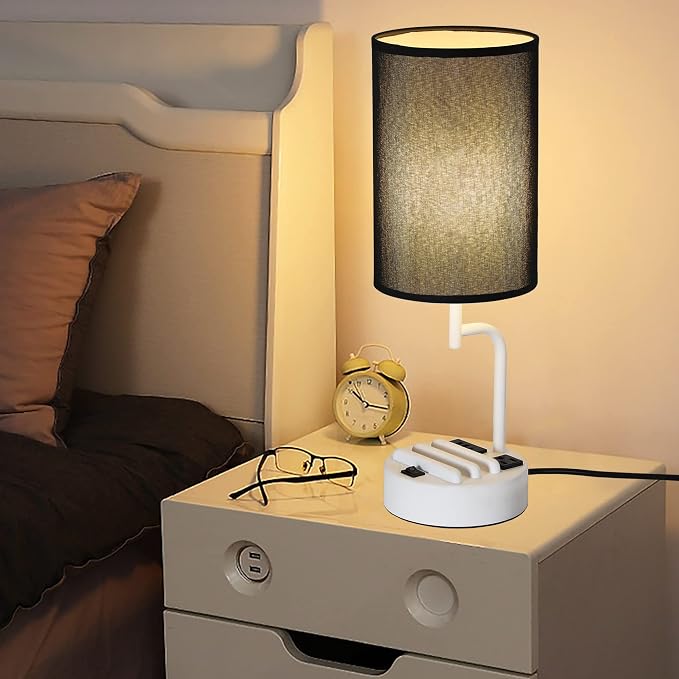 Dreamholder Table Lamp with 3 USB Charging Ports, Modern Desk Lamp with AC Outlet and Phone Stands, Perfect Bedside Lamp for Bedroom, Living Room, Office (Pack of 2), White&Black