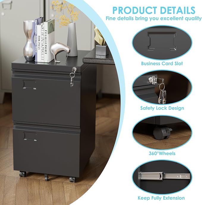 SUXXAN 2 Drawer Mobile File Cabinet with Lock, Heavy Duty Steel Under Desk Filing Cabinet for Letter/Legal Size, Anti-Tip Design with 5 Casters, Metal Storage Organizer for Home Office