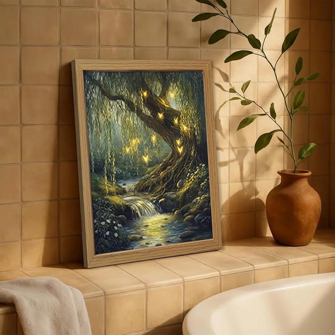 CXQILVER Vintage Enchanted Forest Framed Canvas Wall Art, Mystical Willow Tree and Glowing Butterflies Landscape Painting, Dark Cottagecore Nature Wall Decor for Bedroom Living Room Bathroom 12x16in