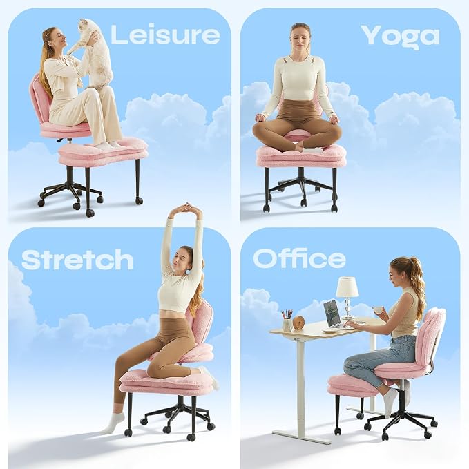 Pinmoco Ergonomic Cross Legged Office Chair for ADHD, Kneeling Chair with 360° Swivel Wheels and Reversible Seating for Meditation, Adjustable Height and Seat Deapth, Teddy Fabric, Pink