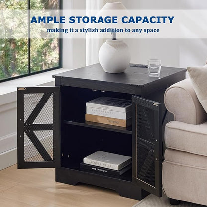 Farmhouse End Table Set with Charging Station, Black Living Room Tables with Hidden Storage, Rustic Wood Furniture for Home and Office